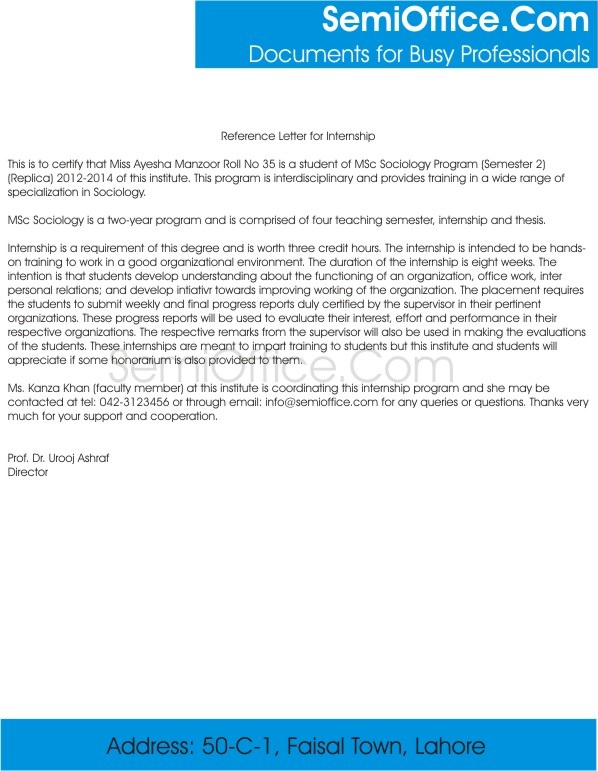 Reference Letter for Internship