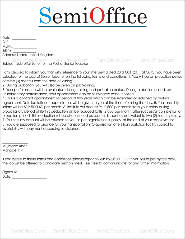 Job Offer Letter Sample From Employer