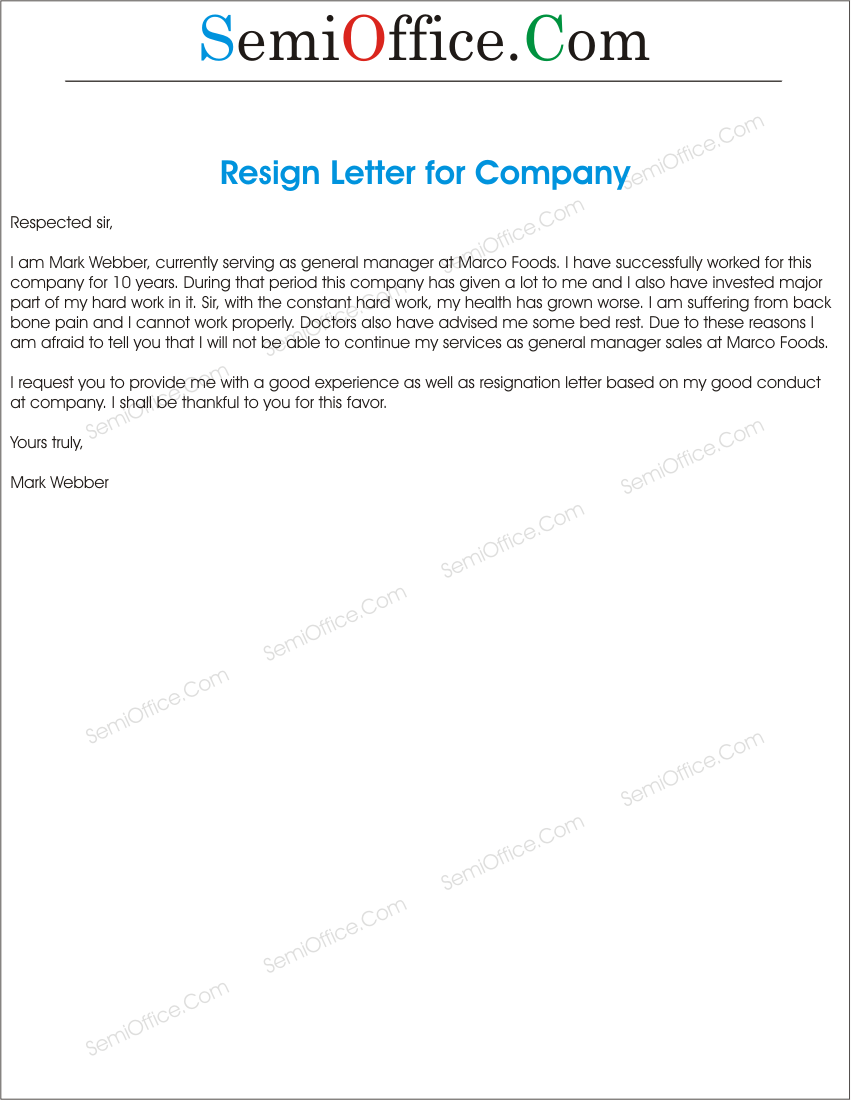 resignation letter to a company