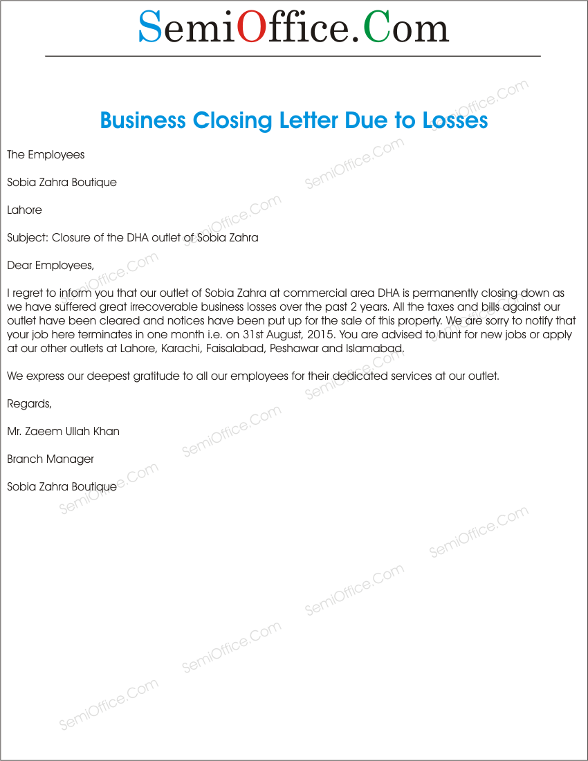 Office Closing Reason for Business Loss Letter Format