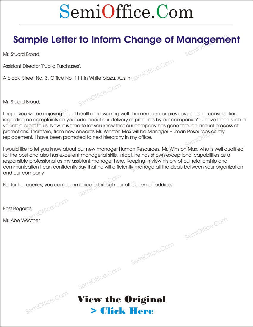 Letter to Inform Change of Management
