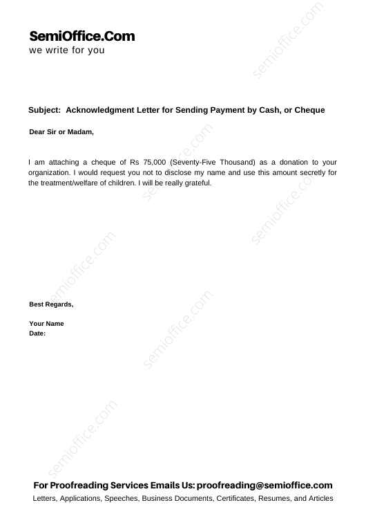 Acknowledgment Letter For Sending Payment By Cash Or Cheque