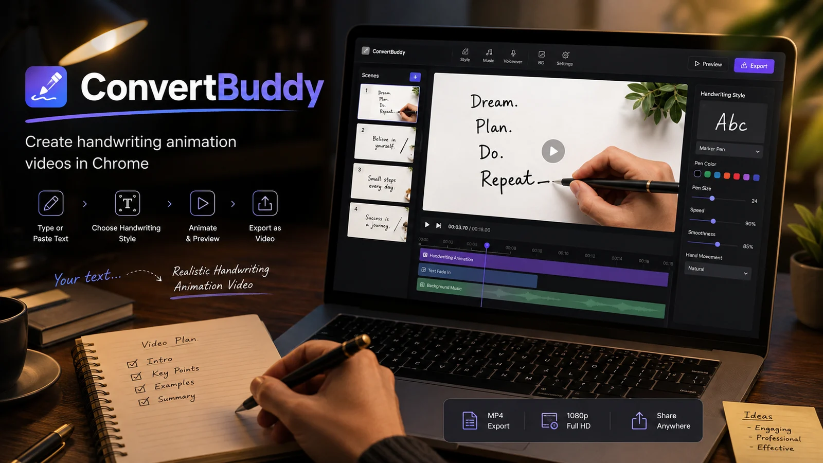 ConvertBuddy handwriting animation video maker workspace showing a writing hand, scene timeline and video export controls
