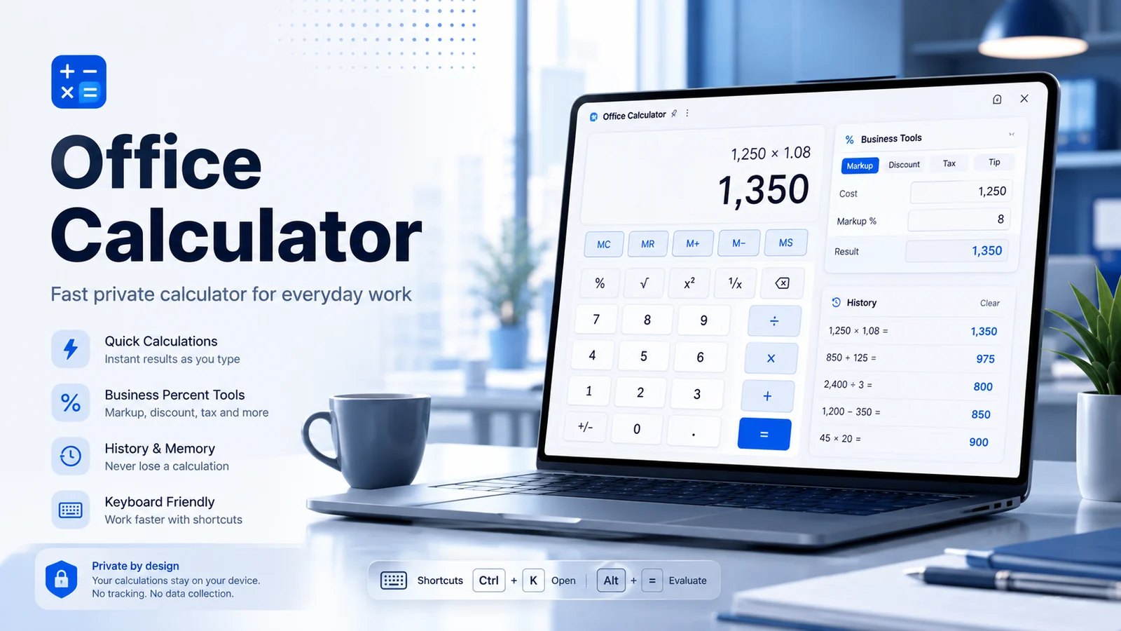 Office Calculator Chrome extension shown in a premium office workspace with business percentage tools and calculation history