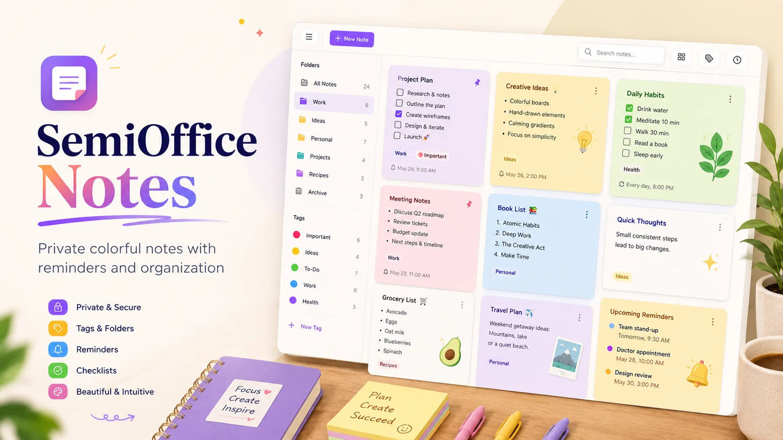 SemiOffice Notes Chrome extension workspace with colorful note cards, folders, tags, checklists and reminders