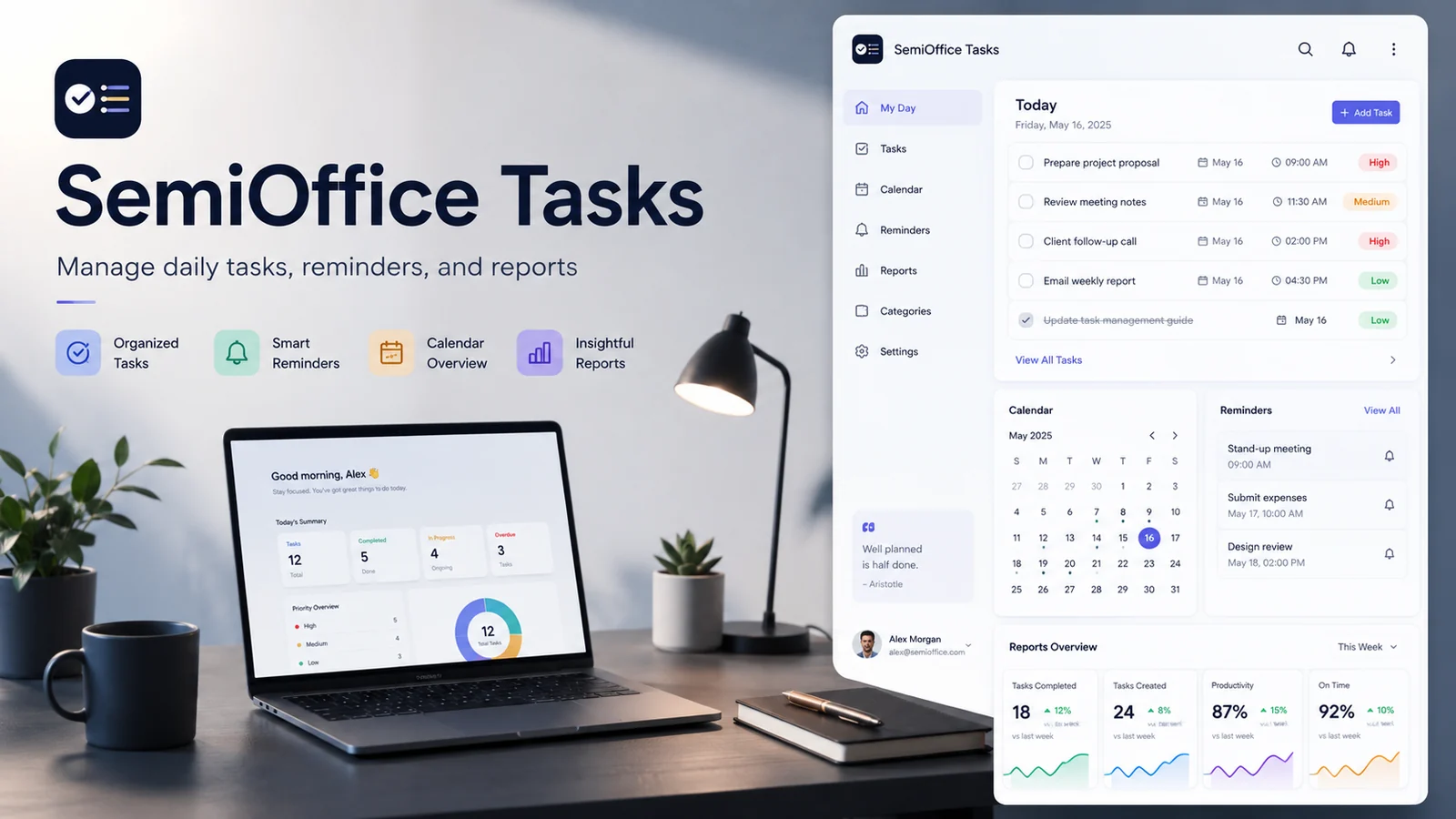 SemiOffice Tasks Chrome extension dashboard with organized tasks, reminders, calendar and productivity reports