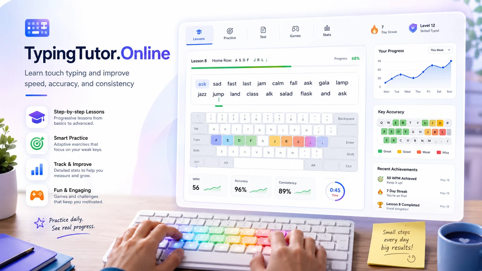 TypingTutor.Online Chrome extension learning interface with highlighted keyboard keys, progress statistics and typing practice