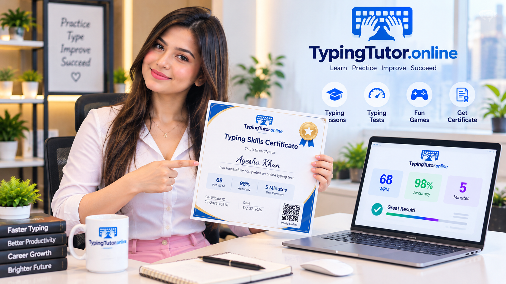 TypingTutor.Online brand ambassador presenting an online typing skills certificate with Net WPM and accuracy results