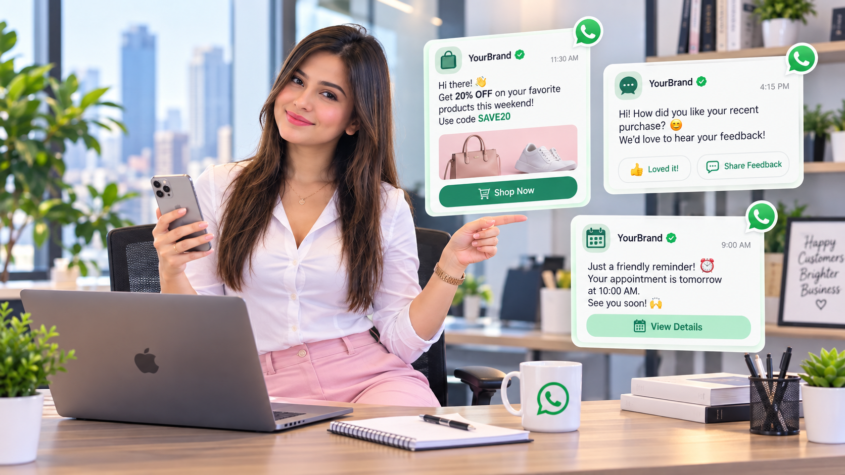 Brand ambassador showing WhatsApp marketing message examples in a bright office with promotional and feedback message cards