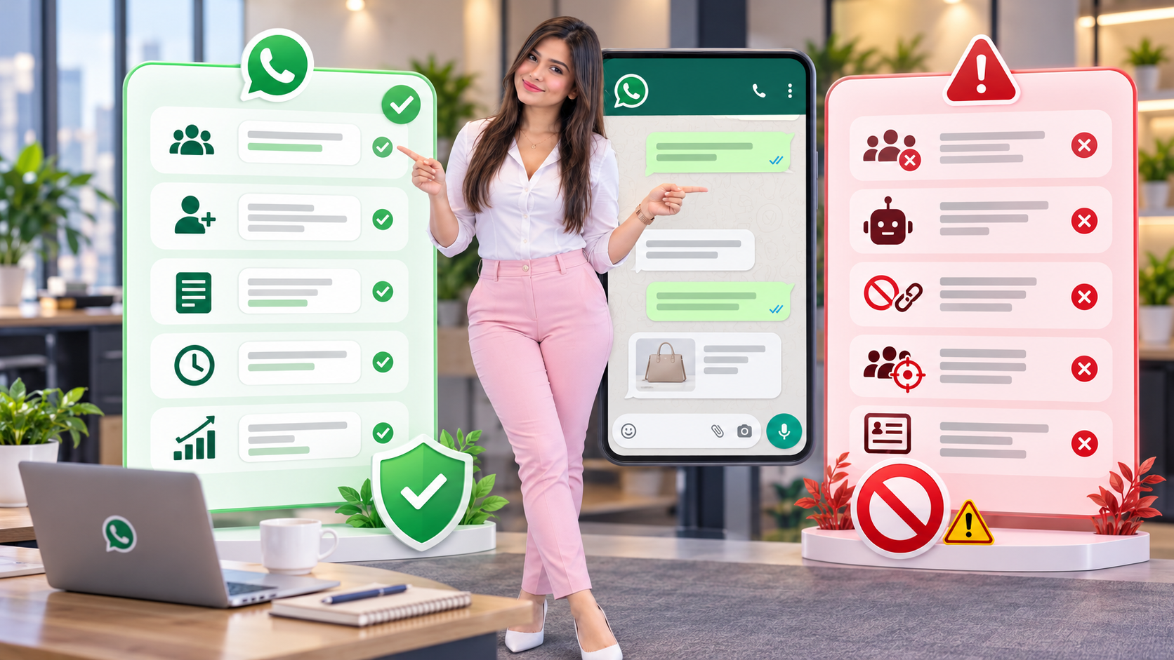 Brand ambassador standing between safe and risky WhatsApp marketing practices with green checkmarks and red warning icons