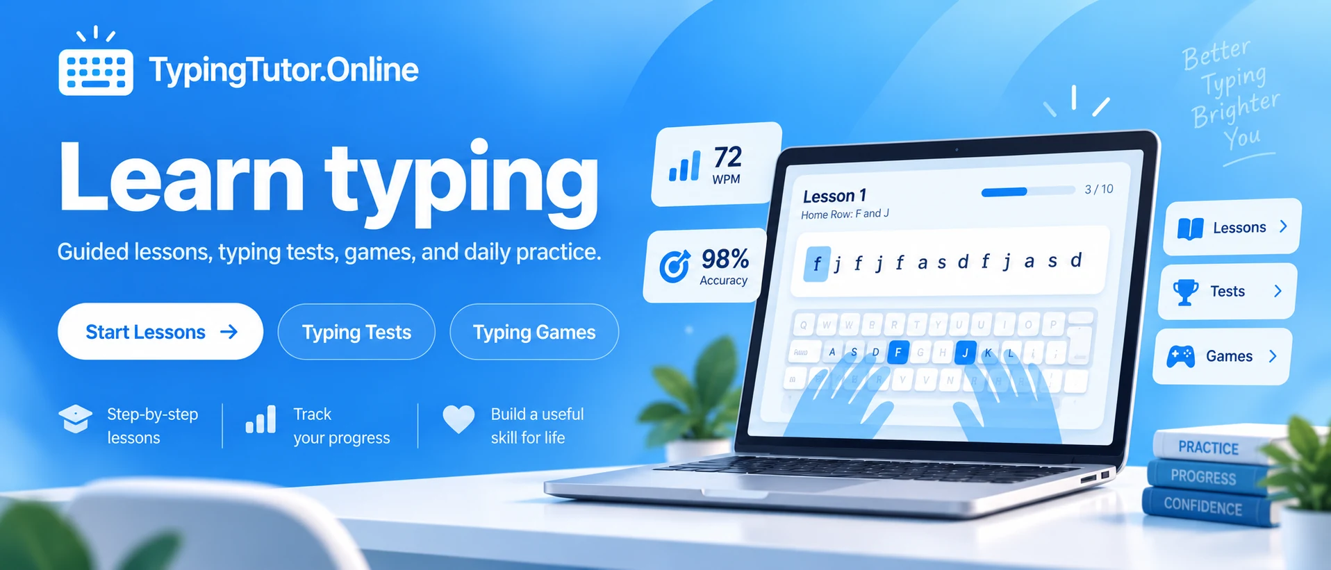 TypingTutor.Online banner showing learn typing lessons, tests, and games