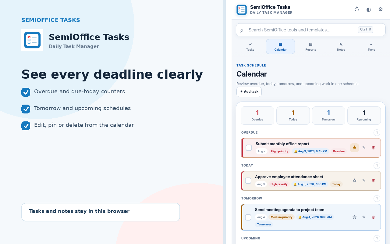 SemiOffice Tasks calendar view