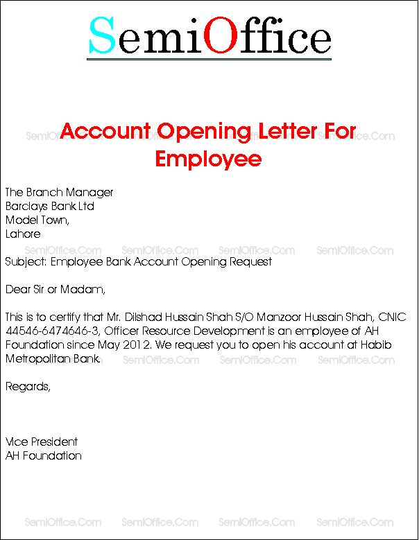 Bank Account Opening Letter for Company Employee