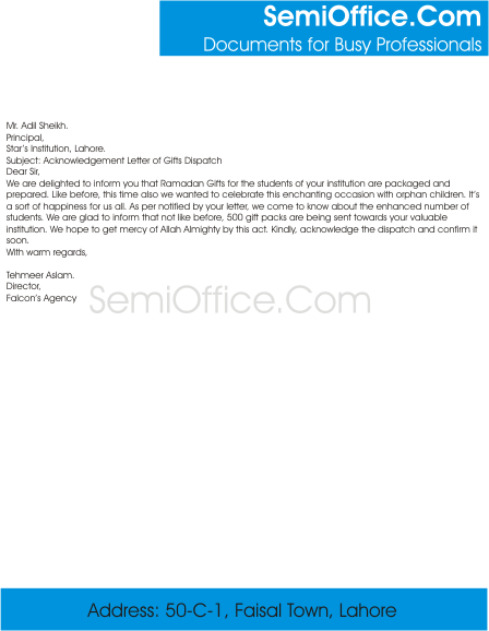 Acknowledgment Letter for Gifts Dispatch