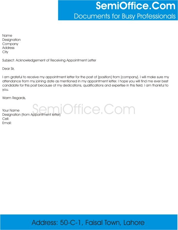 Acknowledgement Letter of Receiving Appointment Letter