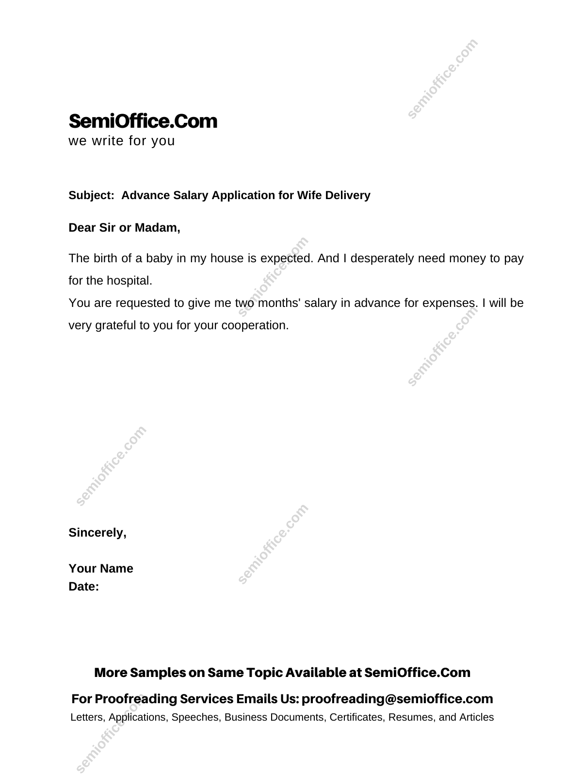 Write a Letter for Wife Delivery Loan from Office