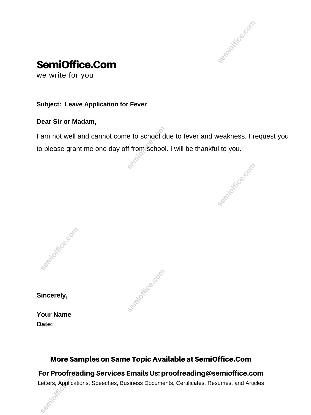 Application for Fever by Student in English