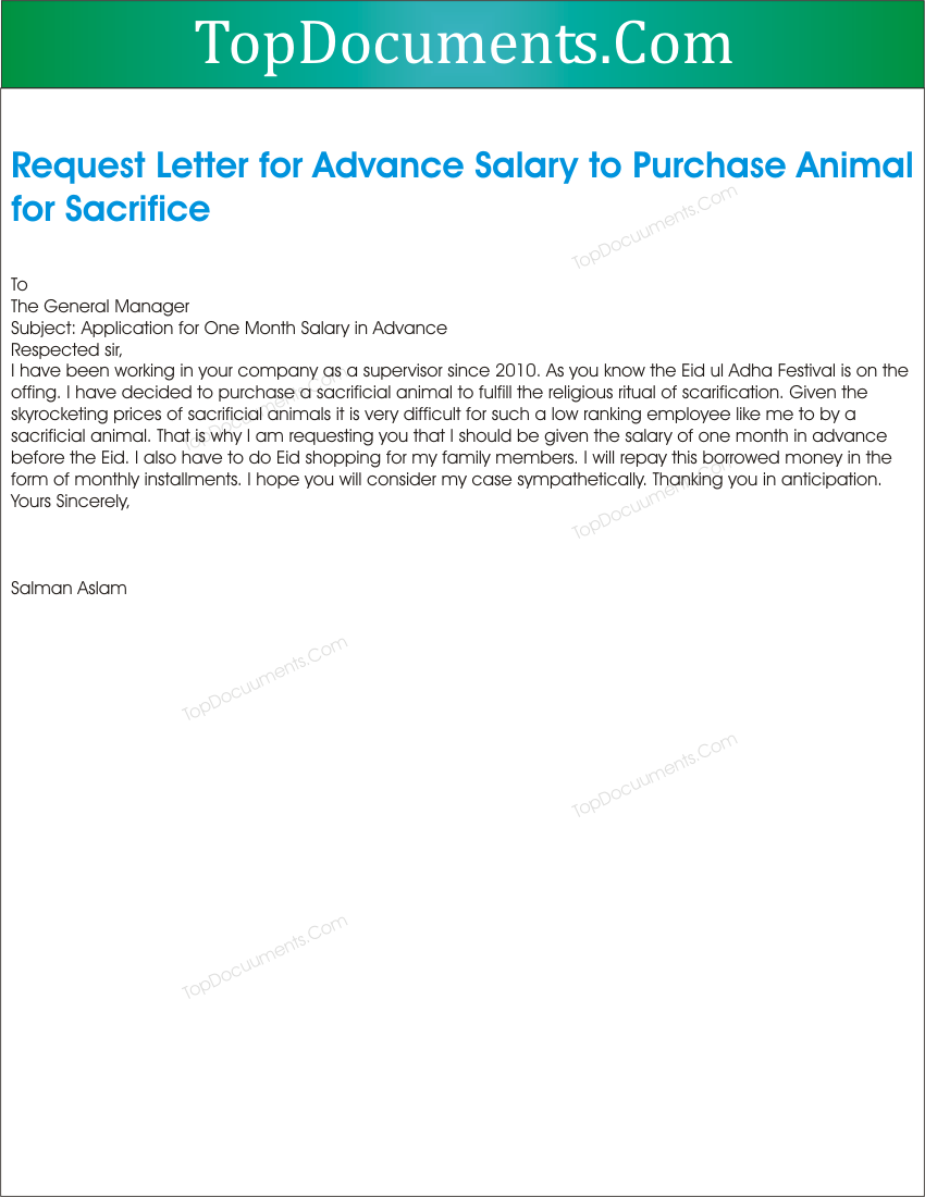 Application for Advance Salary for Sacrifice of Animal on Eid ul Adha