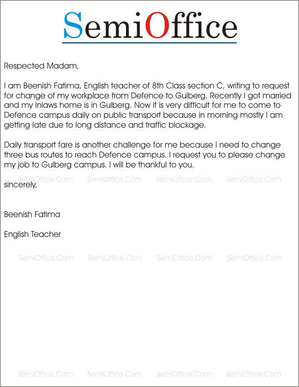 Application for Change of Workplace in Company, Factory or Office