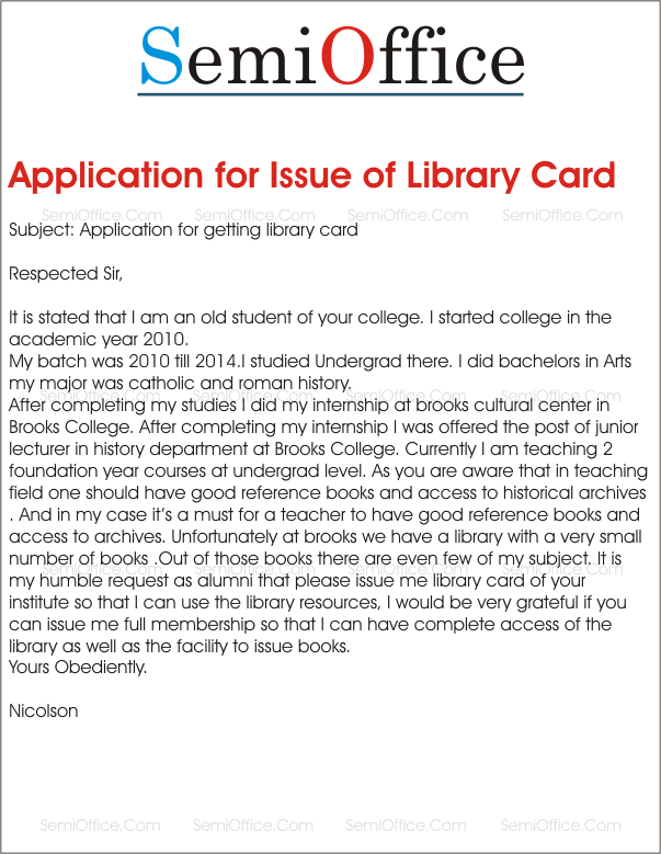 Application for Issue of Library Card