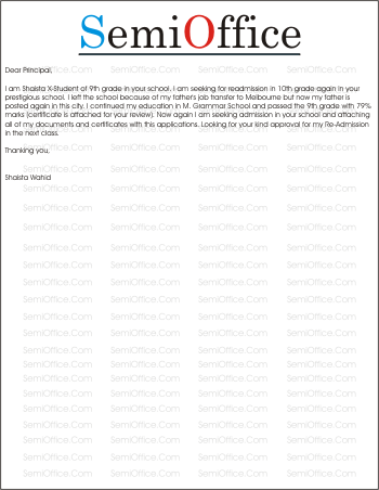 Application for Readmission Sample for Students