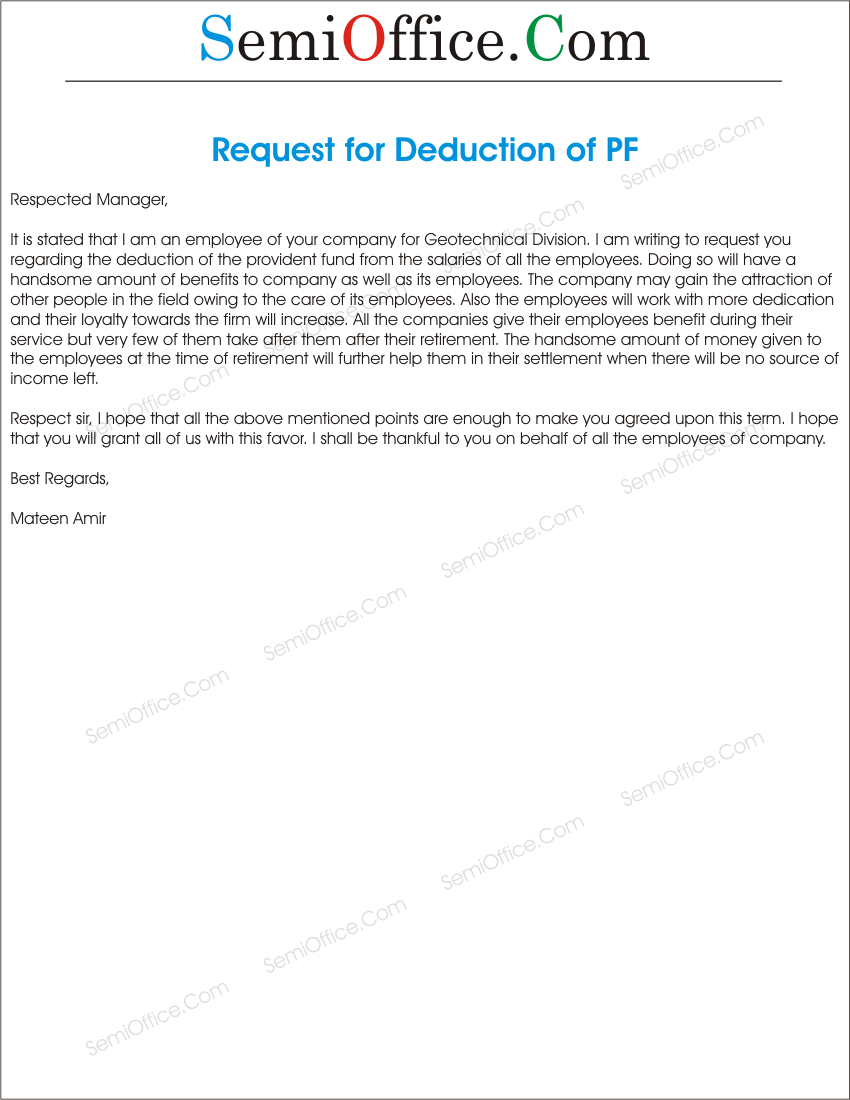 Application for Requesting Deduction of Provident Fund