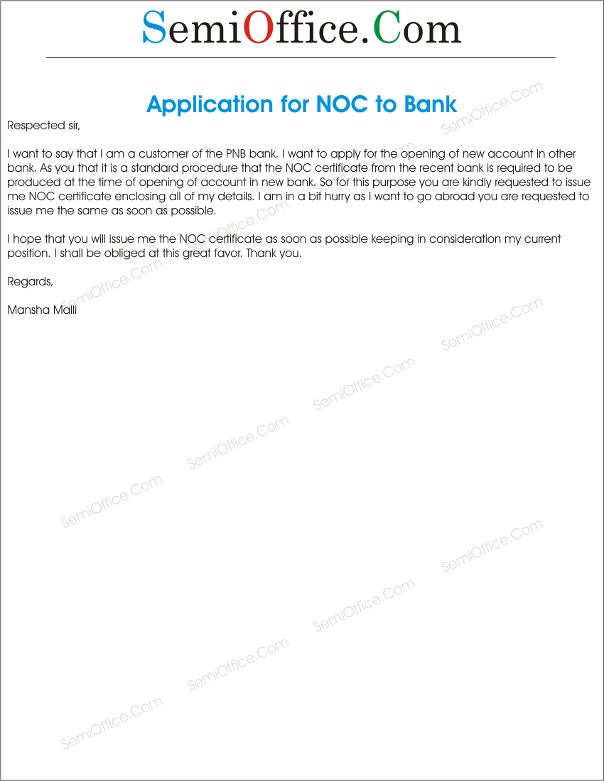 Application of NOC Certificate In Bank