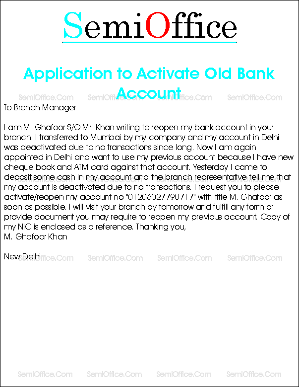 Application to Activate Old Bank Account