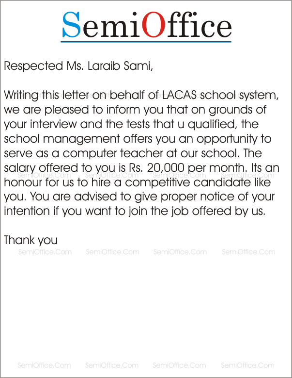 Appointment Letter for School Teacher