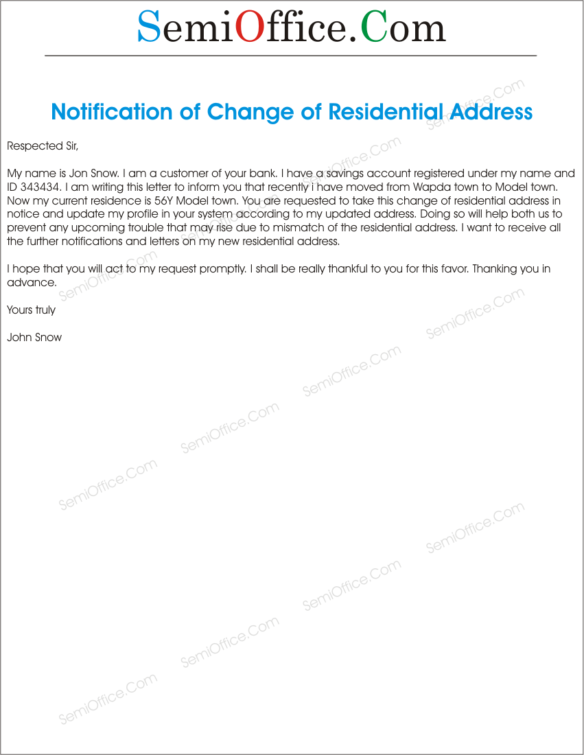 Change of Residential Address Letter Sample