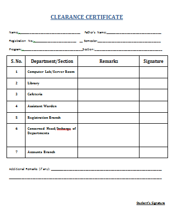 Clearance Certificate for Students, and Teachers (Semioffice.com)