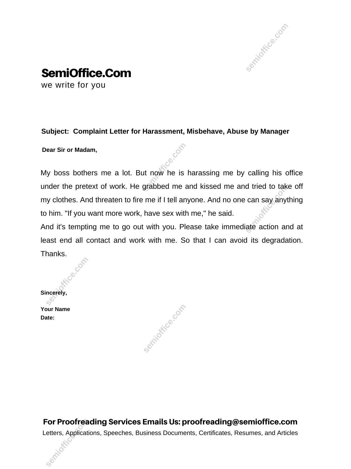 Complaint Letter for Harassment, Misbehave, Abuse by Manager
