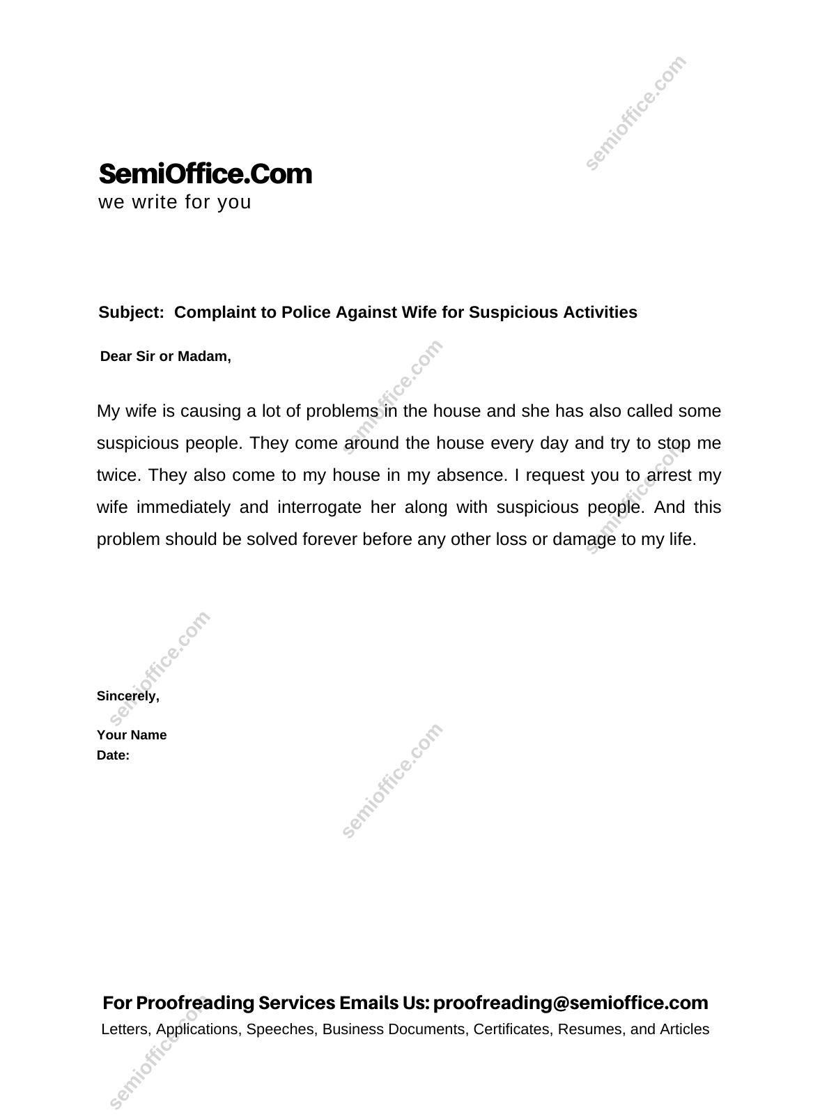 Complaint to Police Against Wife for Suspicious Activities
