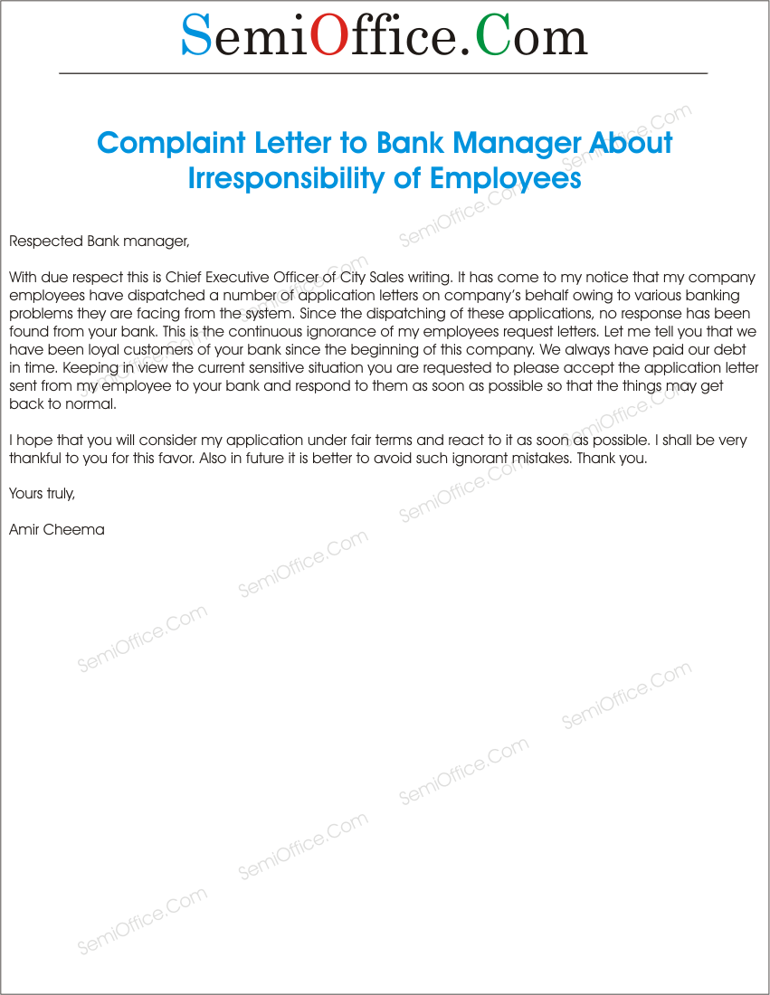 Complaint Letter to Bank Manager