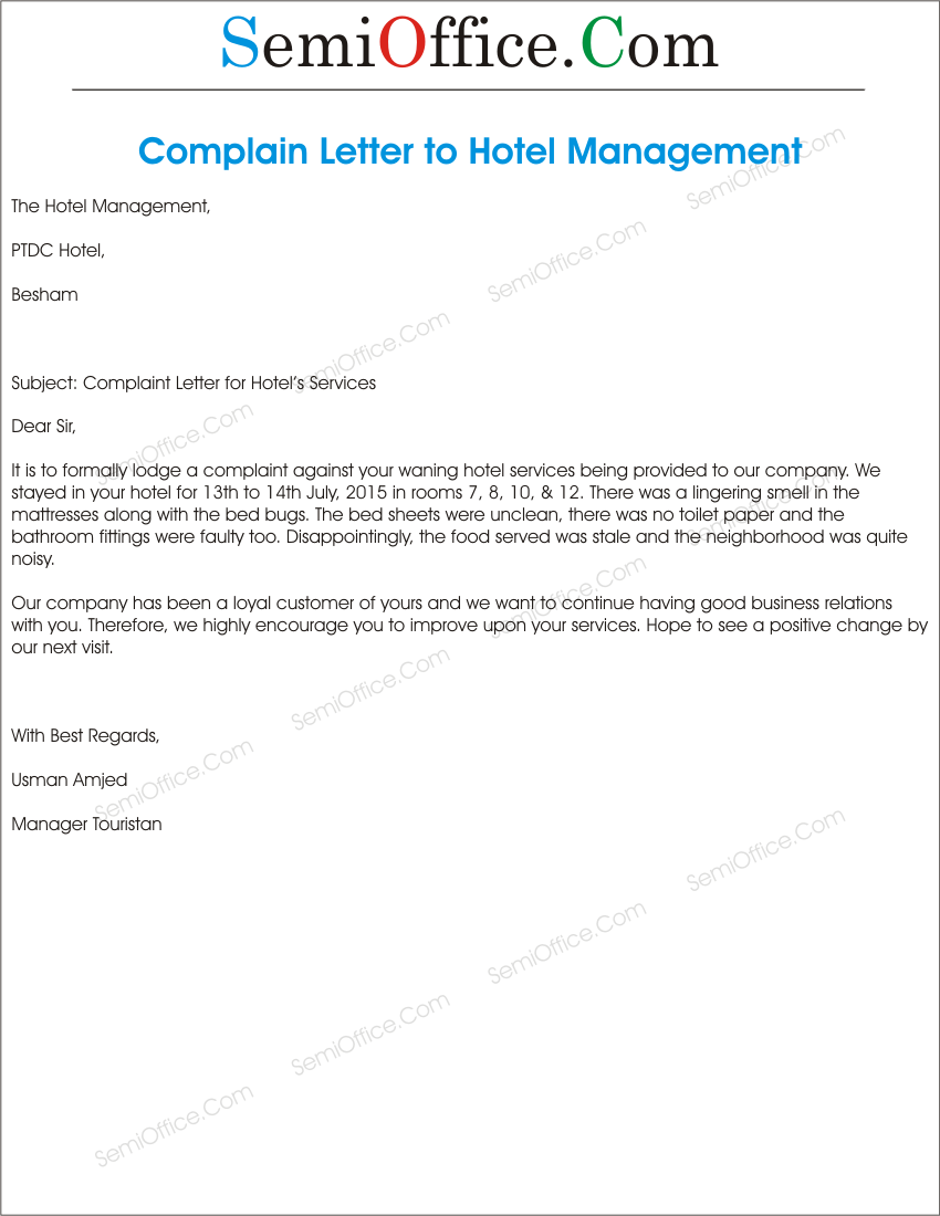 Complaint Letter to Hotel Management