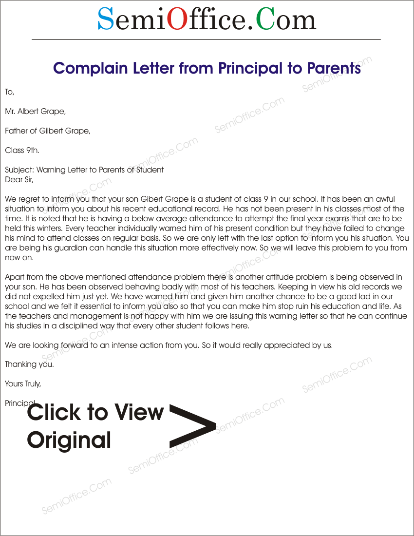 Complaint Letter to Parents from School Principal