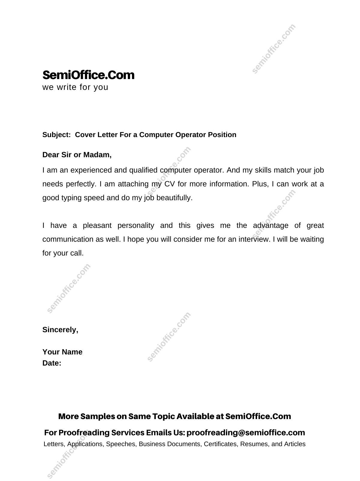 Cover Letter For a Computer Operator Position