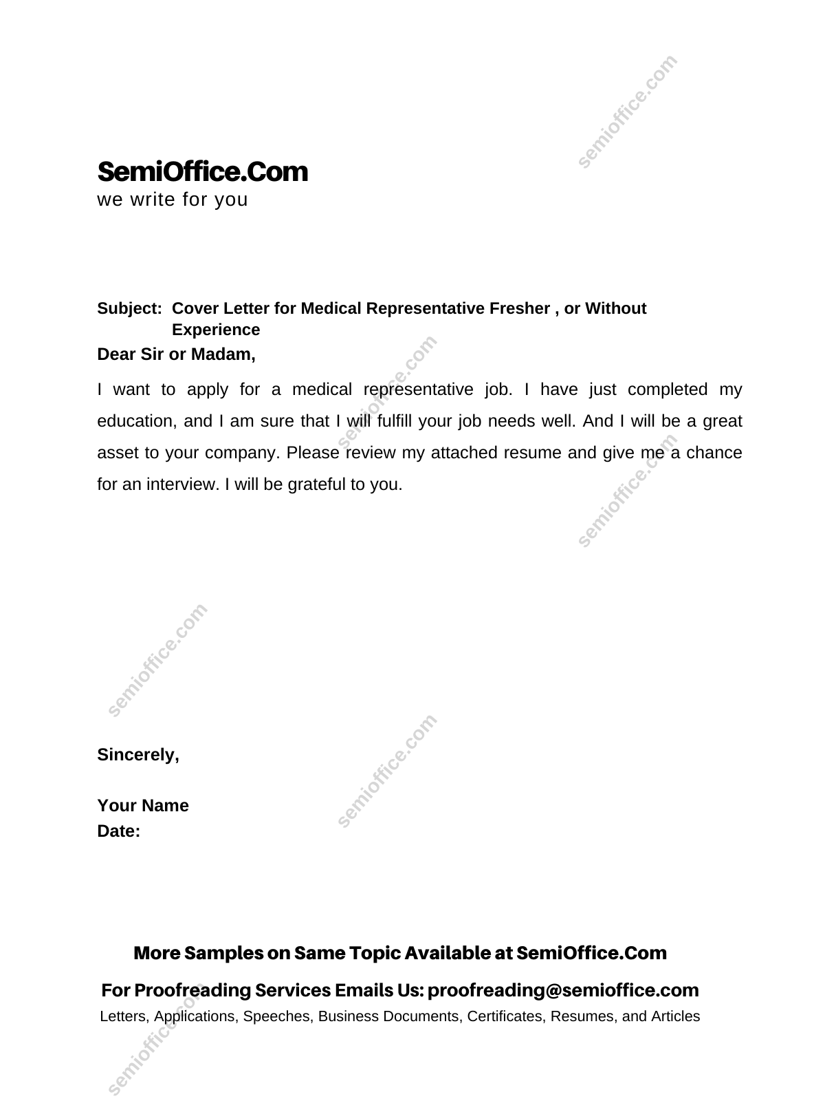 Cover Letter for Medical Representative Fresher , or Without Experience, With Experience