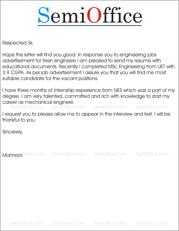 Cover Letter for Mechanical Engineer