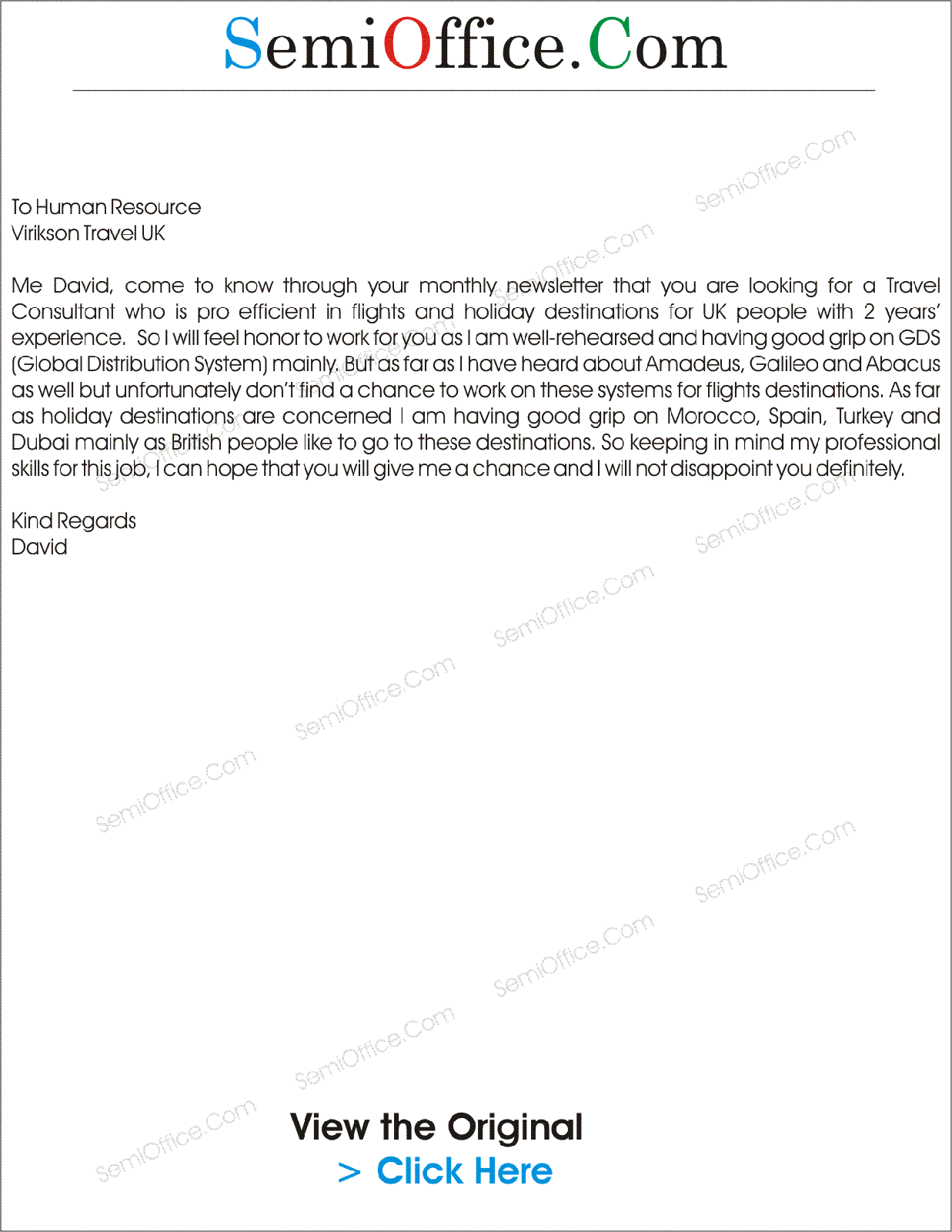 Cover Letter for Travel Consultant with Experience