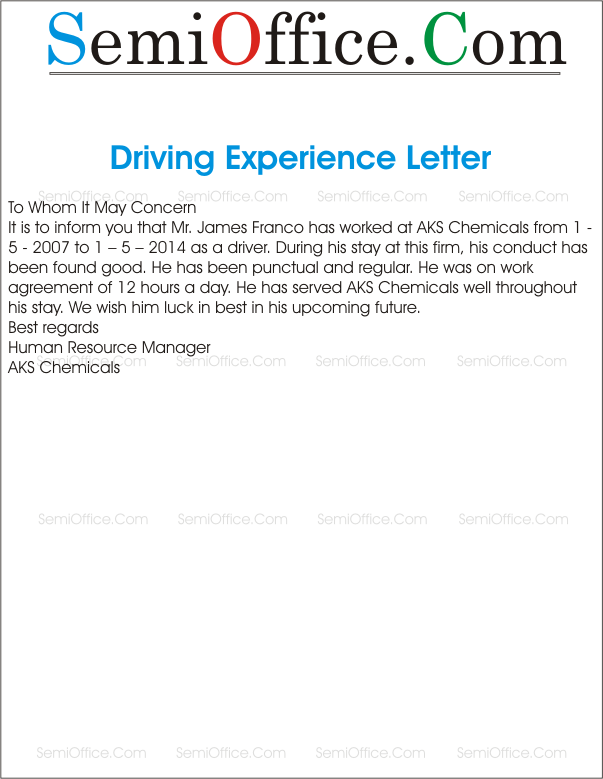 Driving Experience Letter