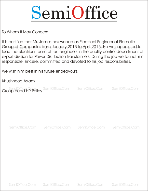Electrical Engineer Experience Certificate