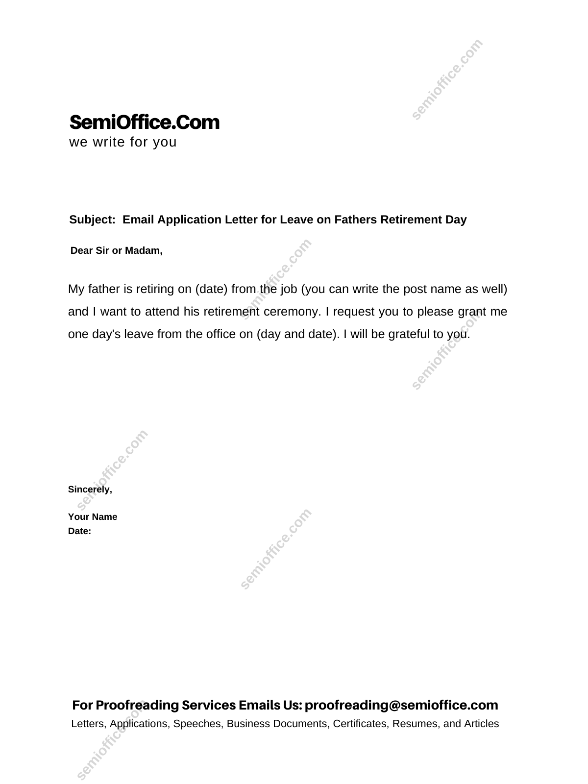 Email Application Letter for Leave on Fathers Retirement Day