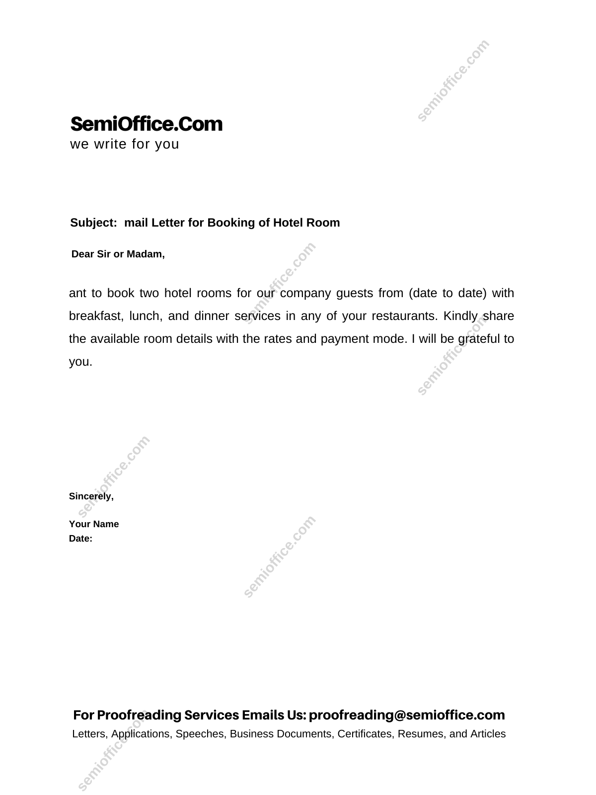 Email Letter for Booking of Hotel Room
