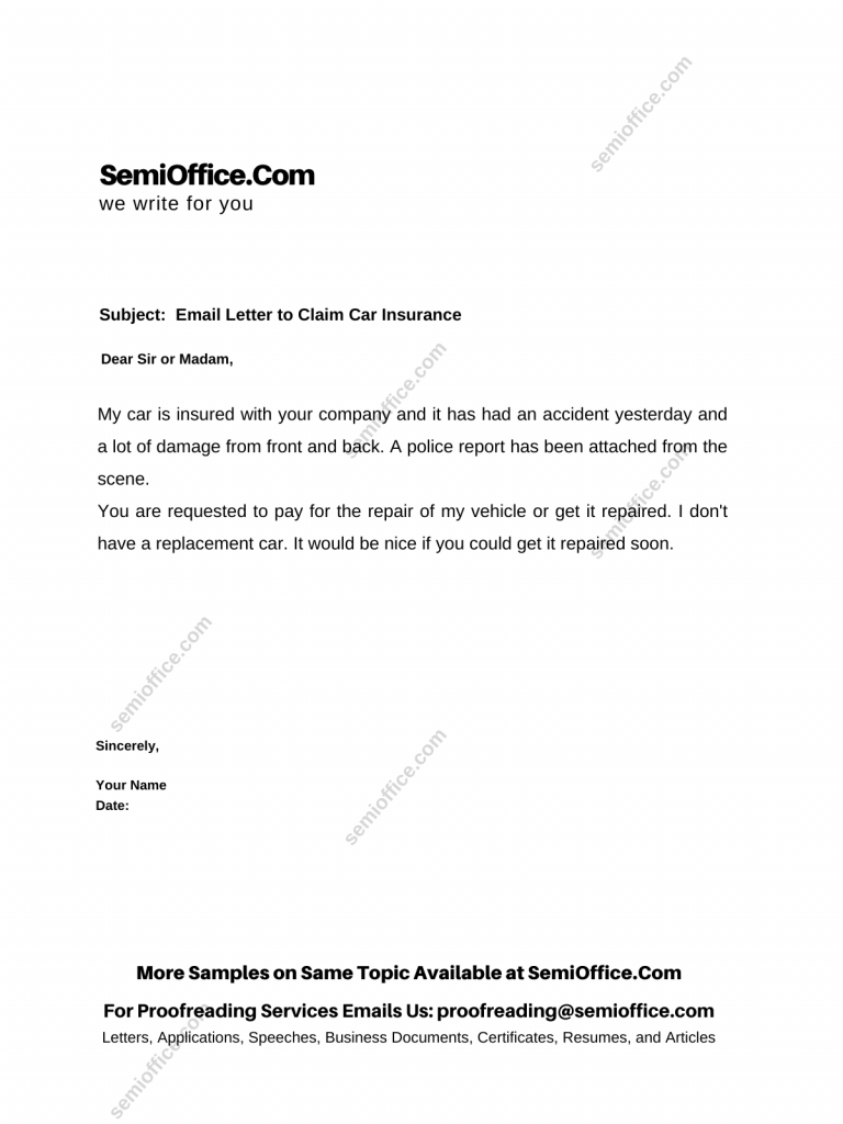 Email Application Letter to Claim Car Insurance from Insurance Company