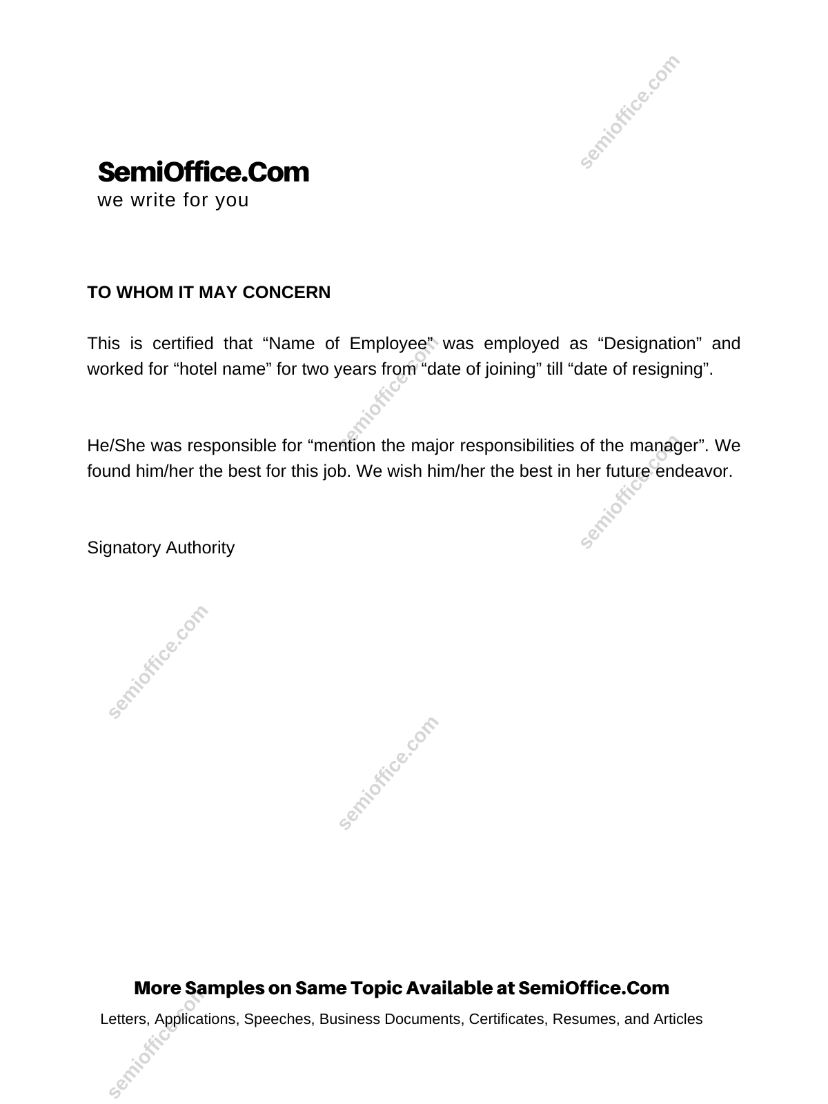 Experience Certificate of Hotel Manager