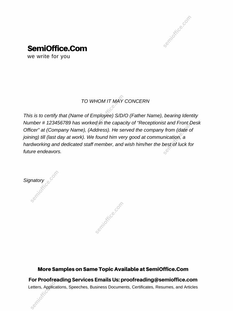 Experience Letter for Receptionist Free Sample