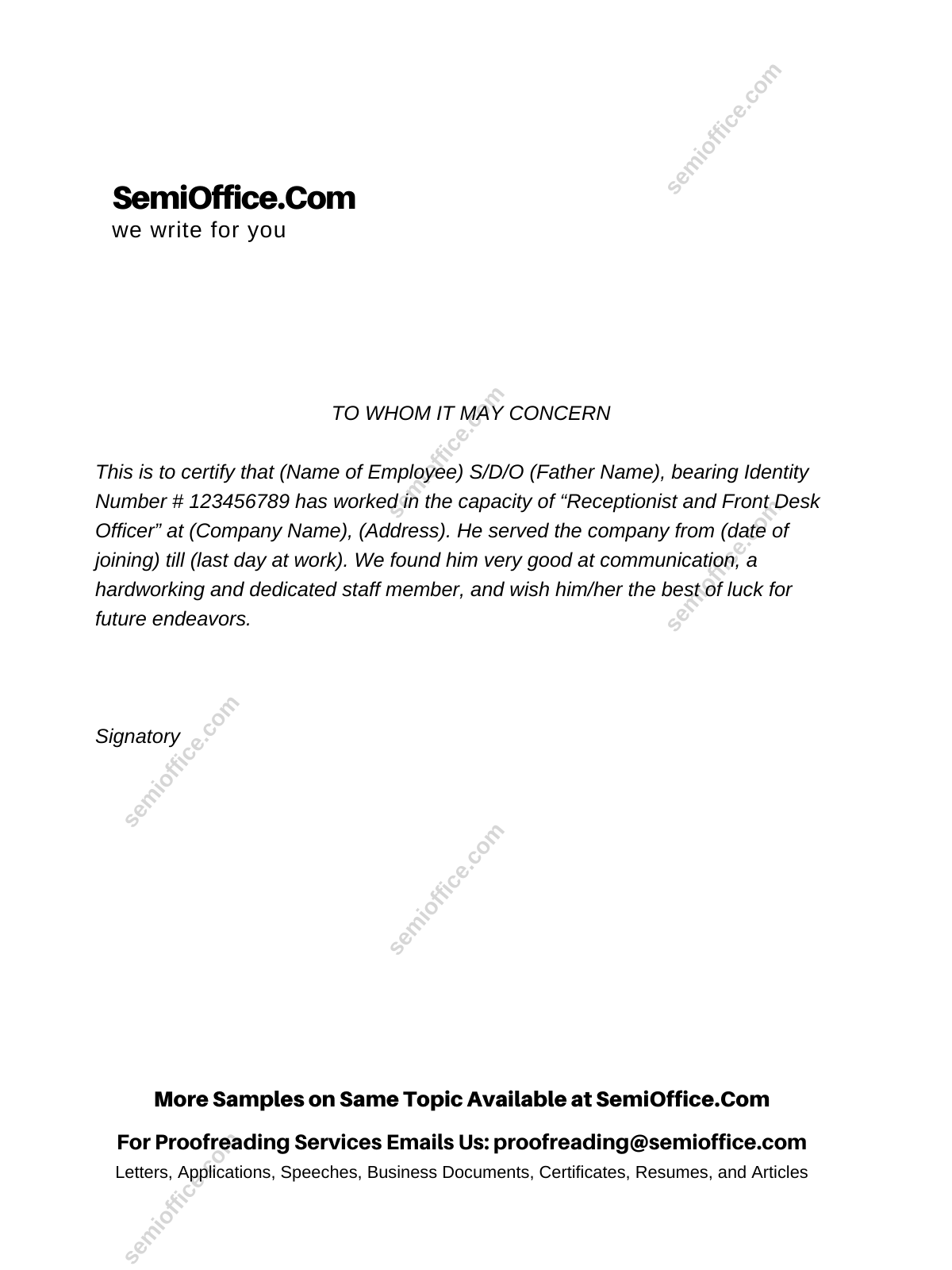Experience Letter for Receptionist Free Sample
