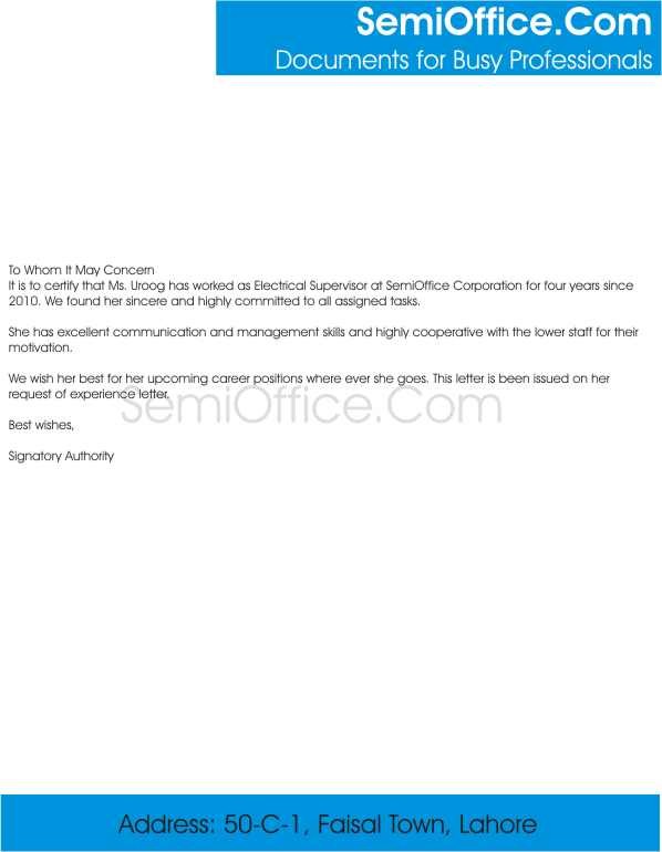 Experience Letter for Electrical Supervisor