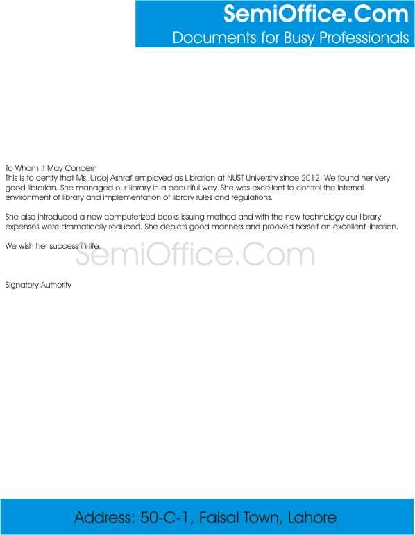 Experience Letter for Librarian Free Download